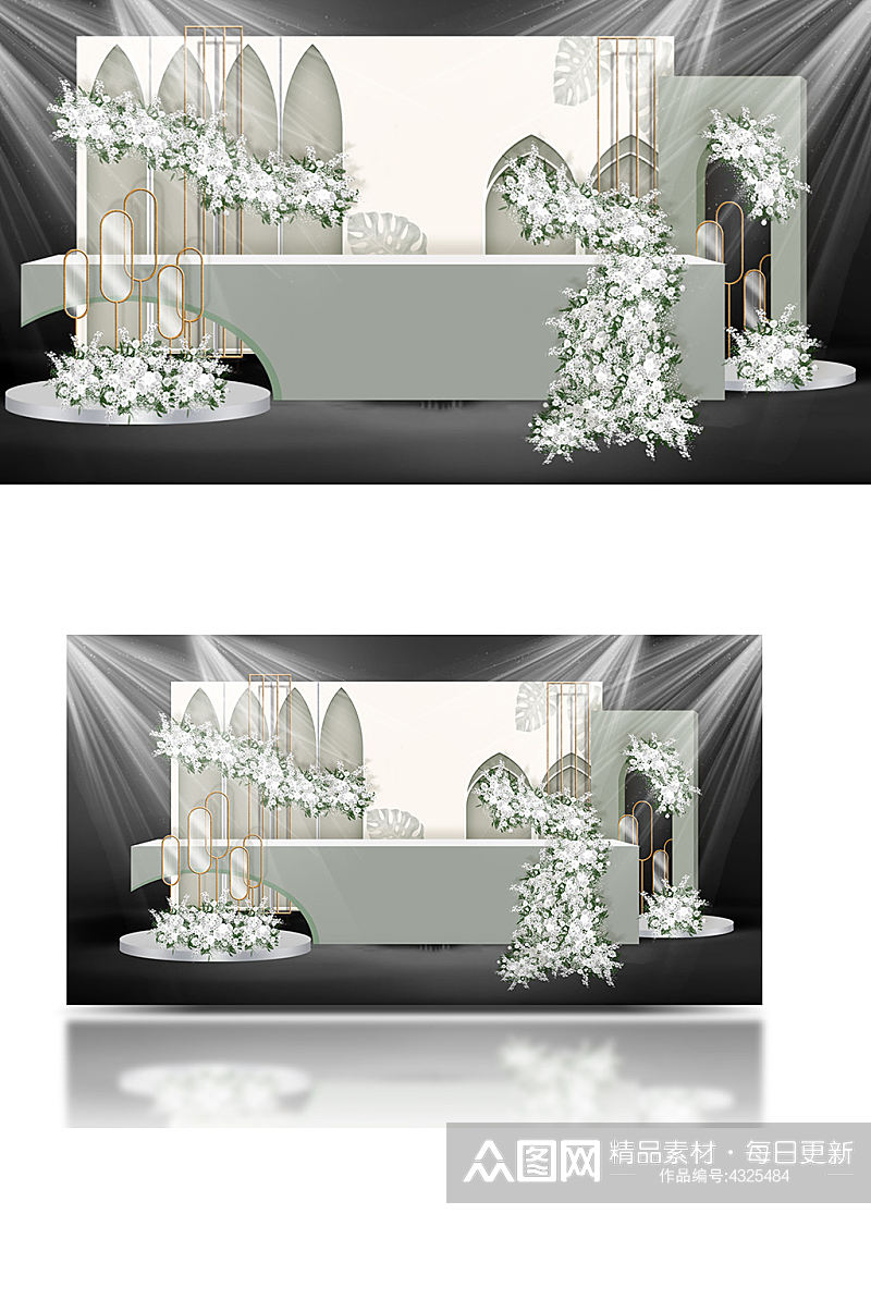 白绿色婚礼效果图设计签到区清新背景素材