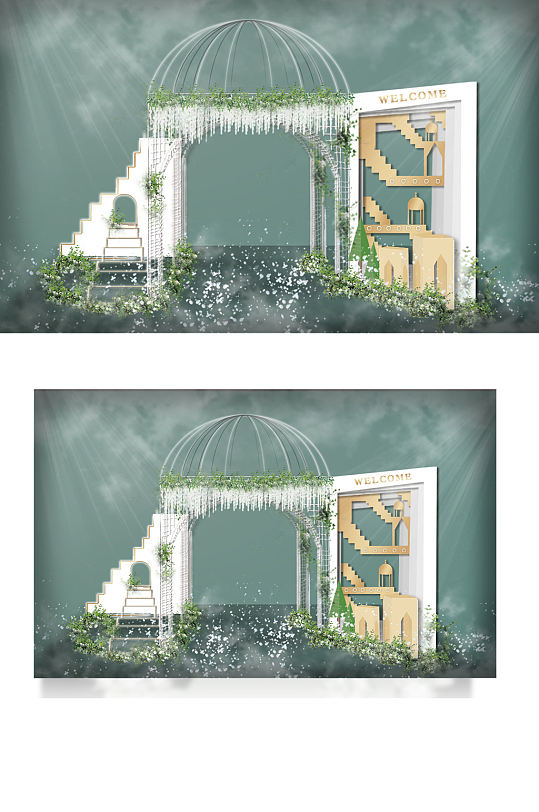 绿色森系婚礼效果图甜品区草坪户外清新-众图网