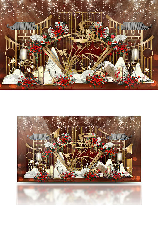 红金色中式婚礼效果图轻奢中国风背景板合影-众图网