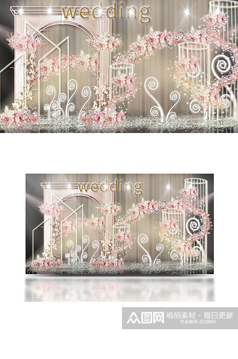香槟色水晶亚克力拱门铁艺婚礼效果图背景素材