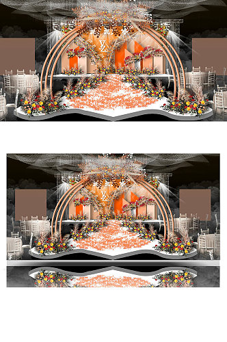 橘色婚礼效果图设计舞台仪式区浪漫大气