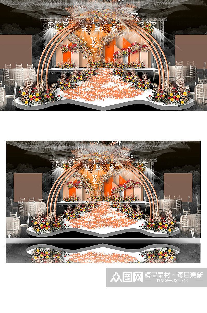 橘色婚礼效果图设计舞台仪式区浪漫大气素材