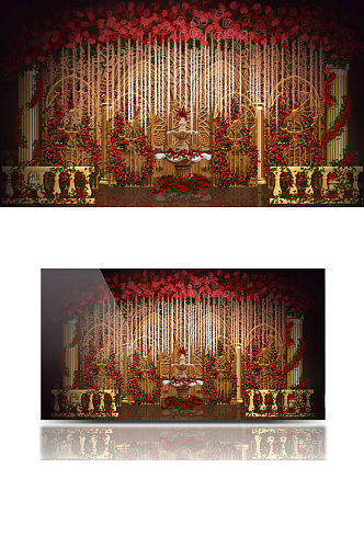 红色欧式婚礼迎宾区效果图大气金色背景板