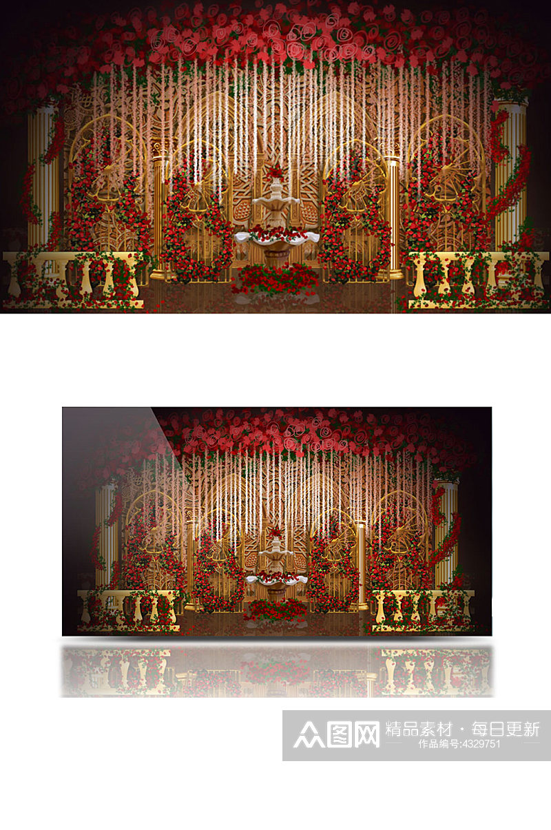 红色欧式婚礼迎宾区效果图大气金色背景板素材