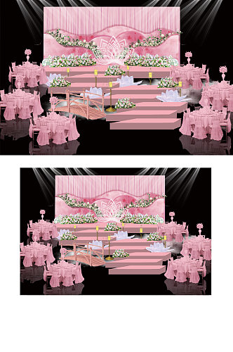 粉色水彩莲花主题婚礼舞台仪式区效果图