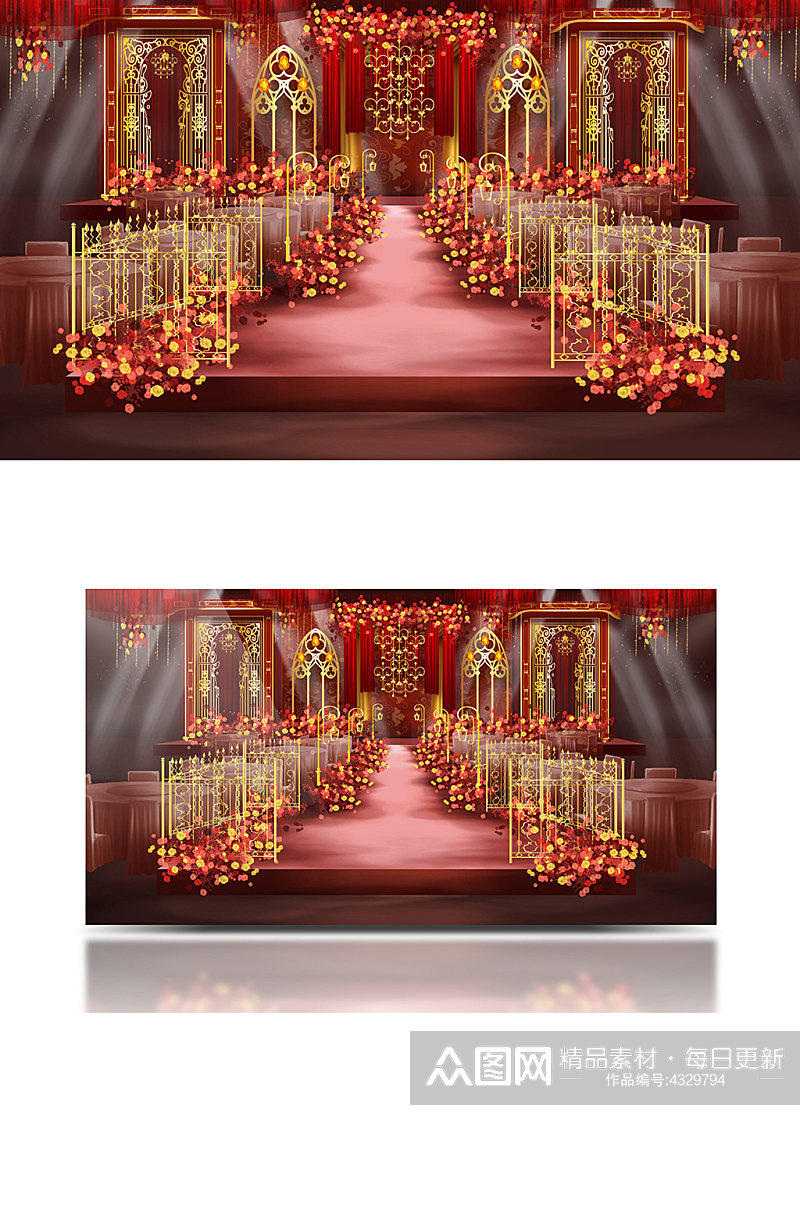 欧式红色婚礼舞台设计金色仪式区浪漫大气素材
