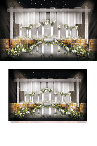 白绿色梦幻主题婚礼设计图合影背景板舞台