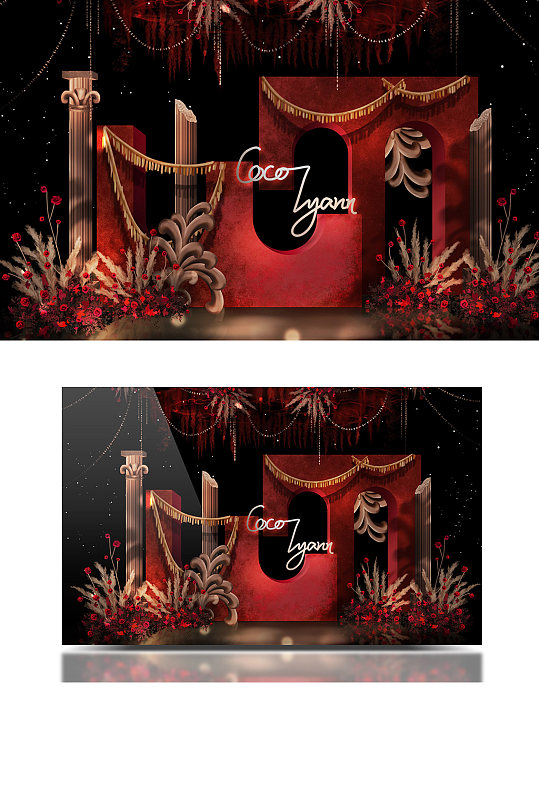 红金色欧式巴洛克剧院复古洞穴风婚礼效果图-众图网