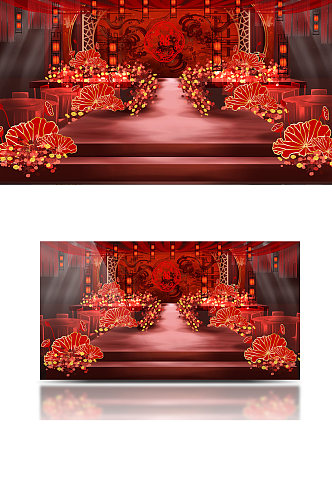 喜庆红色中式婚礼舞台设计仪式区中国风