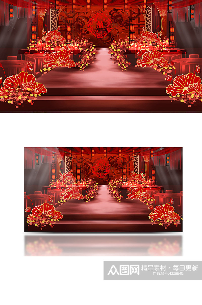 喜庆红色中式婚礼舞台设计仪式区中国风素材
