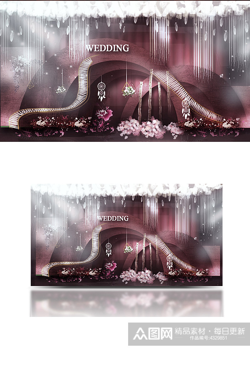 弧形粉色舞台区婚礼效果图背景板合影素材