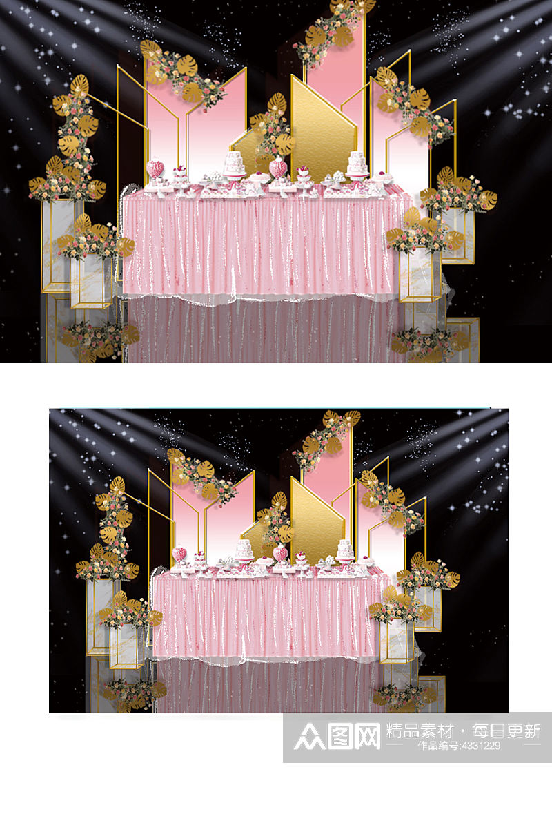 粉金色婚礼甜品区背景效果图签到区唯美素材