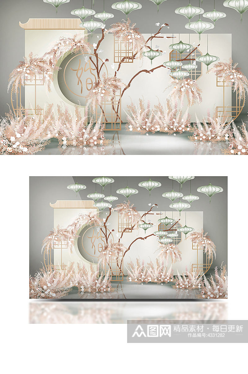 香槟色清新江南意境中国风新中式婚礼效果图素材