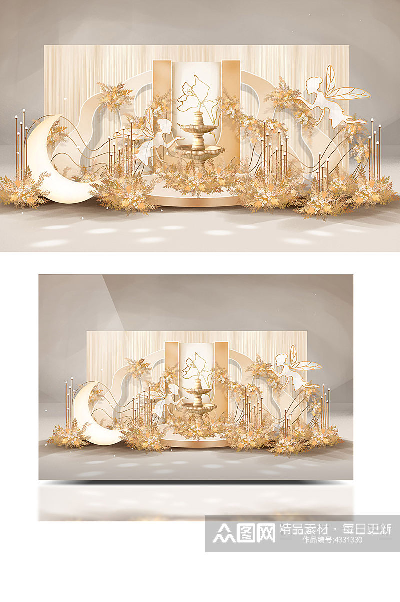 欧式梦幻香槟色月亮喷泉精灵婚礼效果图背景素材