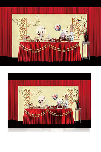 中国风红色中式婚礼甜品区婚礼效果图签到