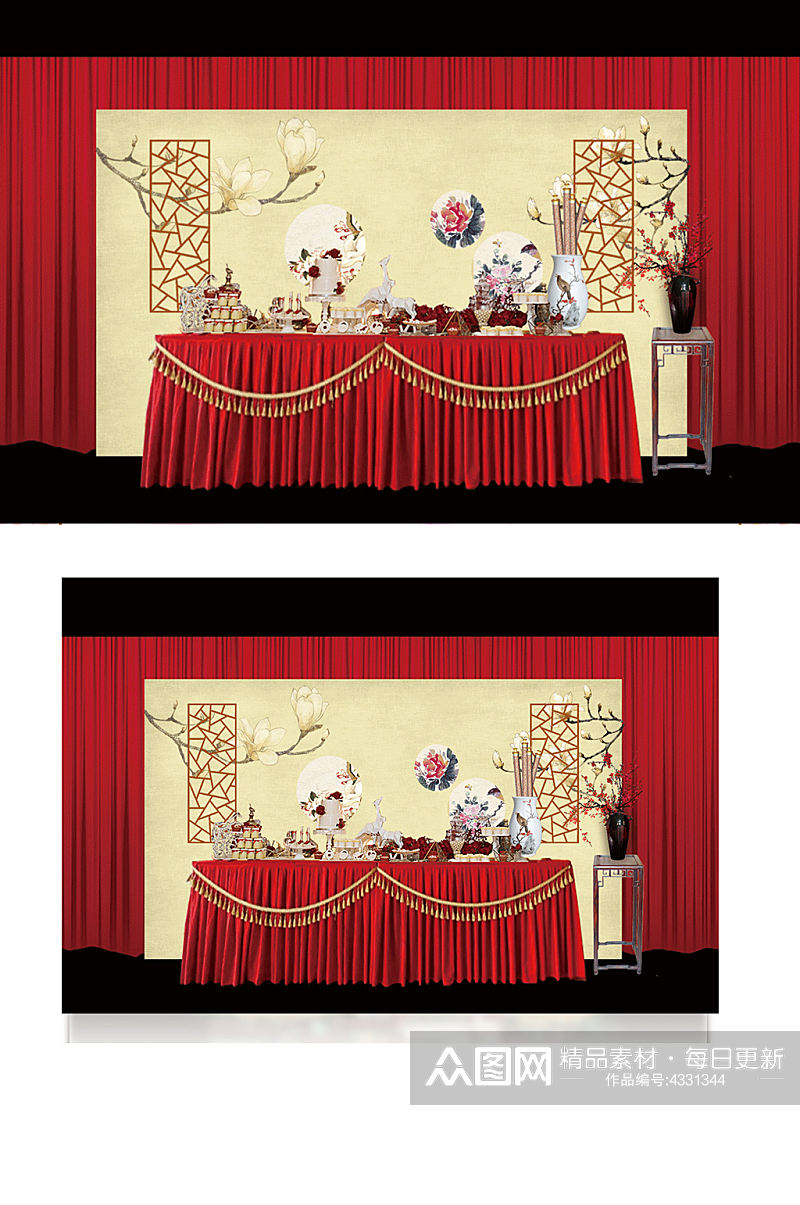 中国风红色中式婚礼甜品区婚礼效果图签到素材