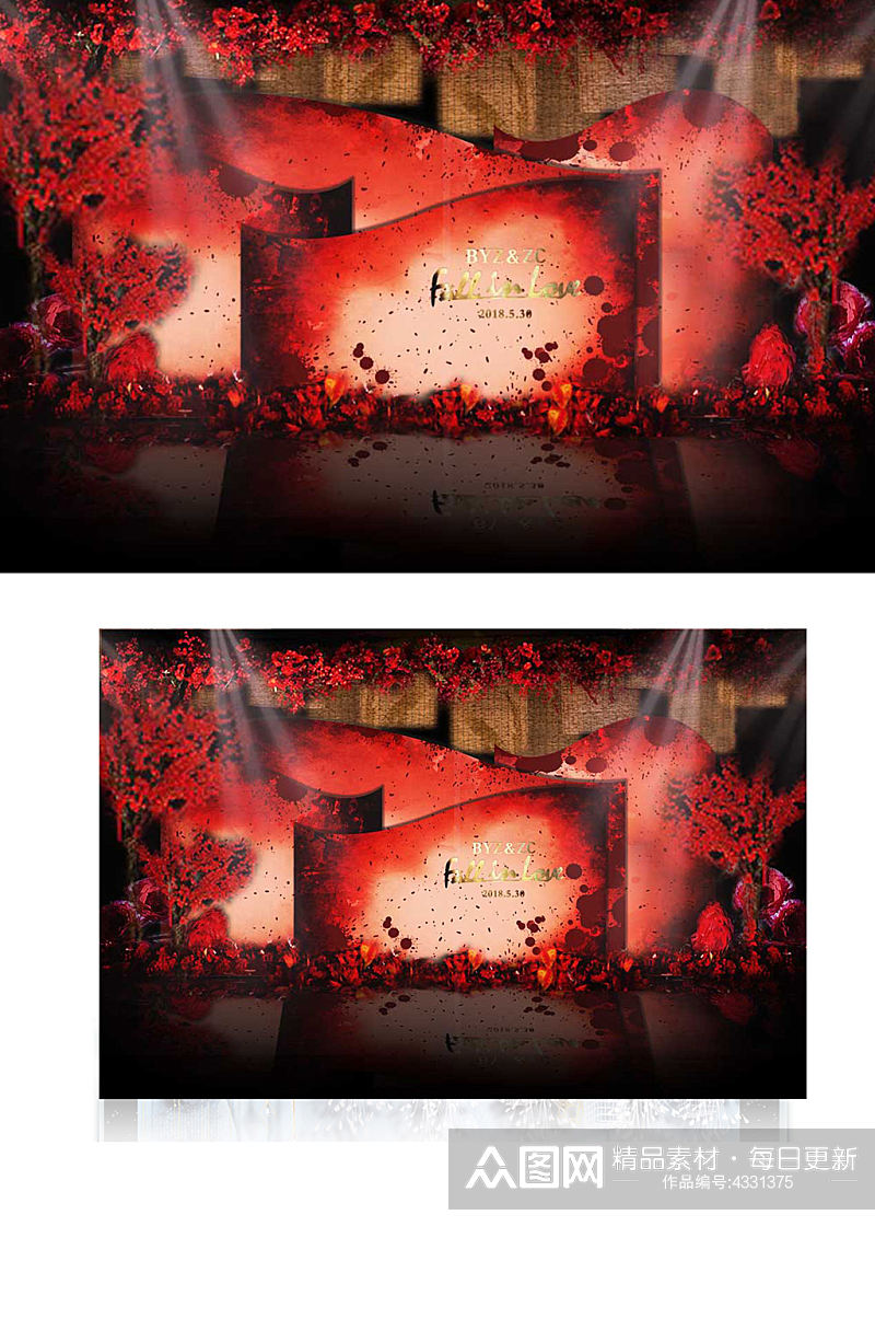 红色婚礼工装玫瑰花卉主题婚礼效果图背景板素材