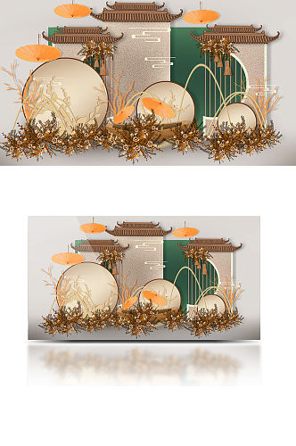 江南意境新中式婚礼效果图橙色合影背景板