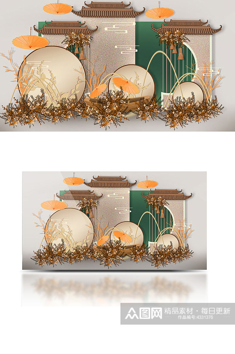 江南意境新中式婚礼效果图橙色合影背景板素材