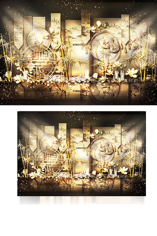 新中式婚礼合影区效果图轻奢香槟色背景板-众图网