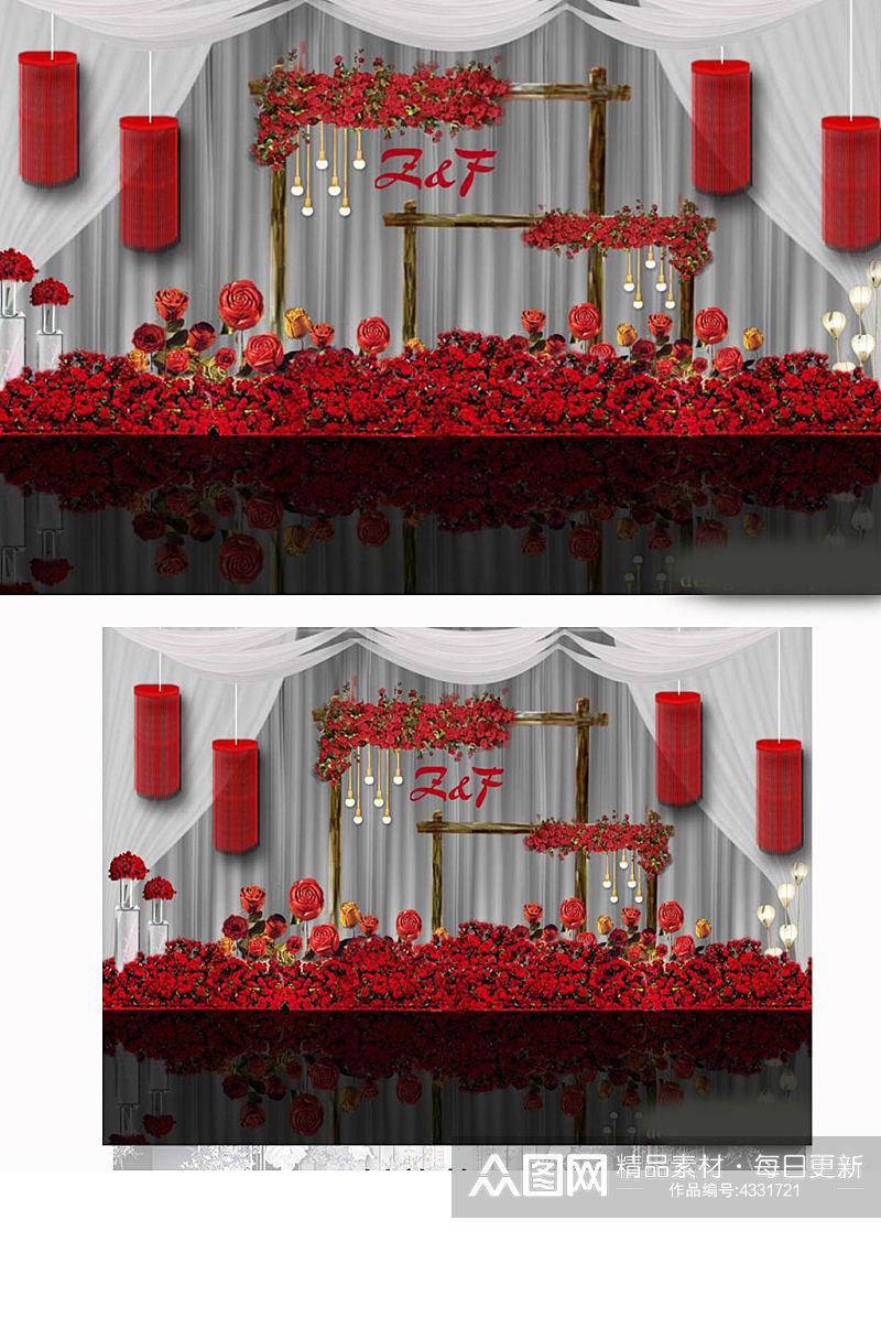 室内设计红白色婚礼迎宾区psd效果图合影素材