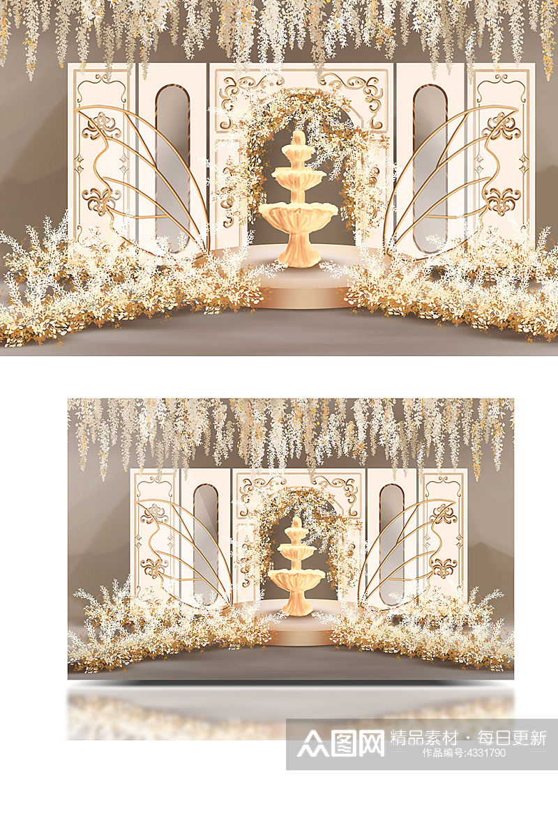 香槟金色唯美清新简约风欧式婚礼效果图喷泉素材