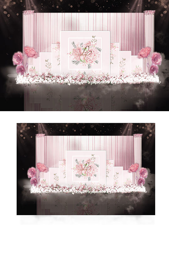 粉色水彩花婚礼背景清新唯美背景板合影-众图网