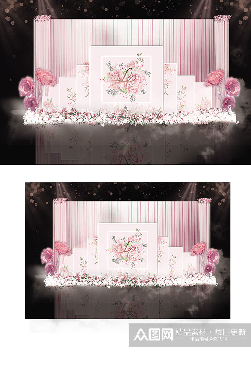粉色水彩花婚礼背景清新唯美背景板合影素材