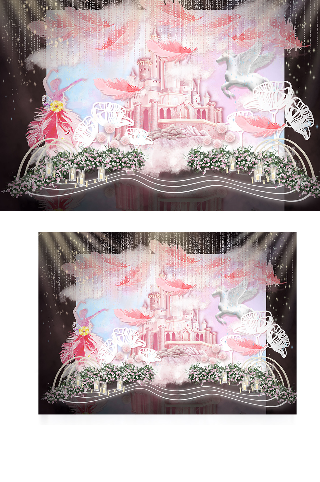 粉色城堡梦幻婚礼效果图可爱卡通生日宴宝宝素材