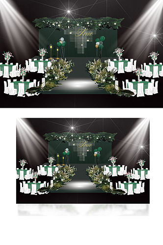 冷色森绿色婚礼舞台效果墨绿色大气仪式区