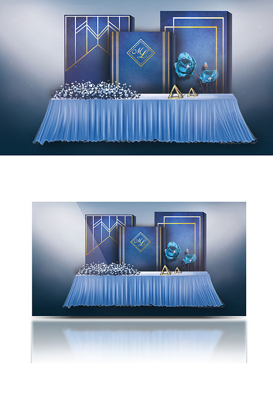 蓝色简约婚礼布置效果图签到区合影甜品质感-众图网