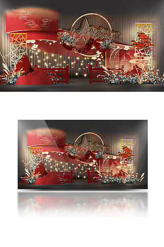复古中式婚礼效果图中国风红金合影背景板