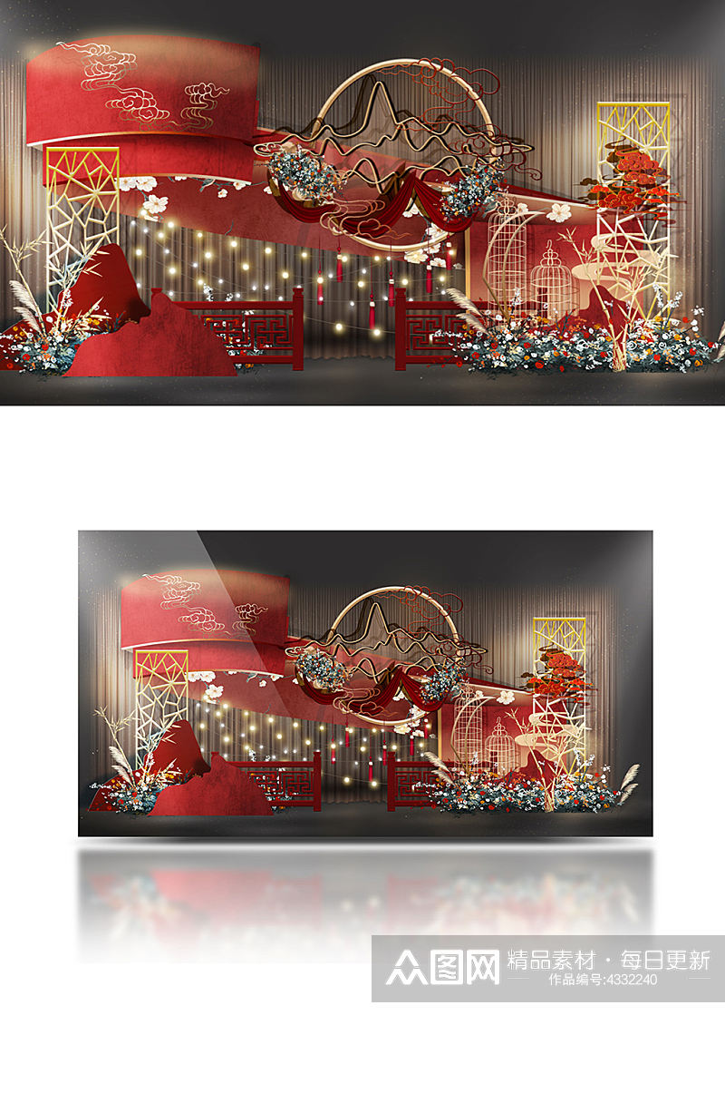 复古中式婚礼效果图中国风红金合影背景板素材