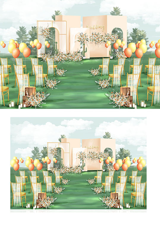 原创草坪户外小清新橙黄婚礼仪式区效果图