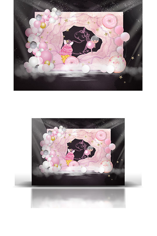 粉色层次感婚礼效果图可爱卡通生日宴背景板-众图网