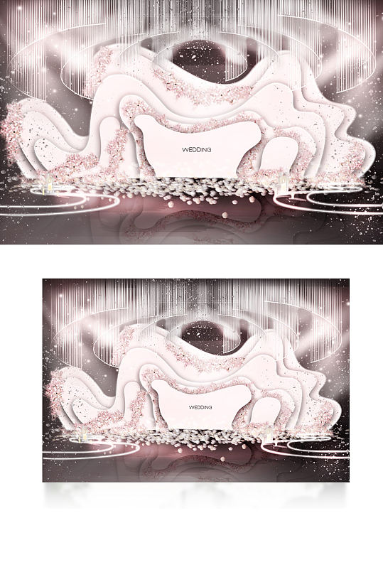 粉色婚礼合影区效果图梦幻浪漫背景板迎宾-众图网