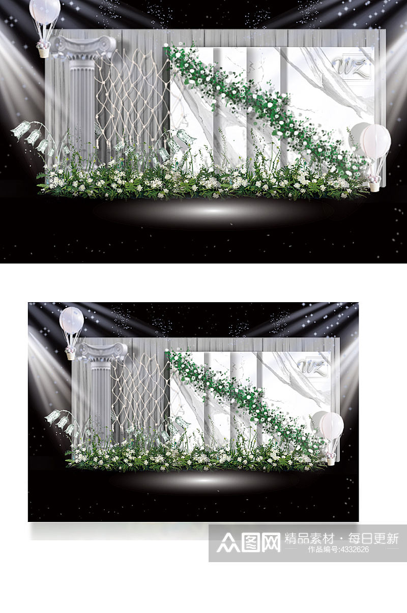 大理石白绿色婚礼迎宾效果图清新背景板合影素材