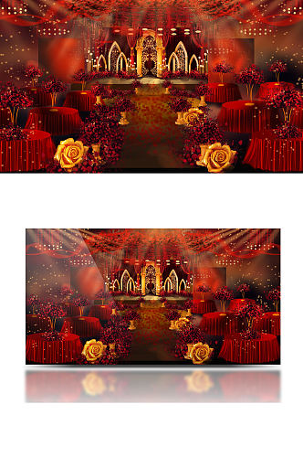 欧式红金婚礼效果图设计大气舞台仪式区浪漫