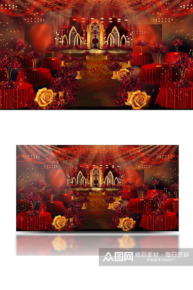 欧式红金婚礼效果图设计大气舞台仪式区浪漫素材