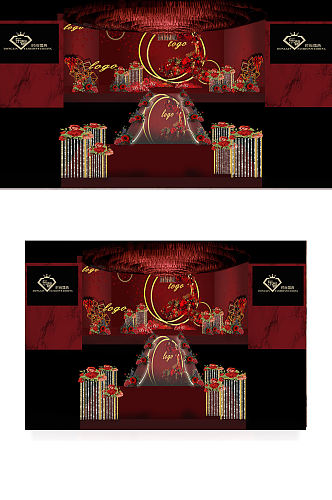 红金色欧式婚礼大气舞台仪式区合影背景板
