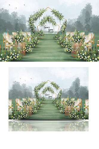 简约拱门小成本白绿色小清新户外婚礼效果图
