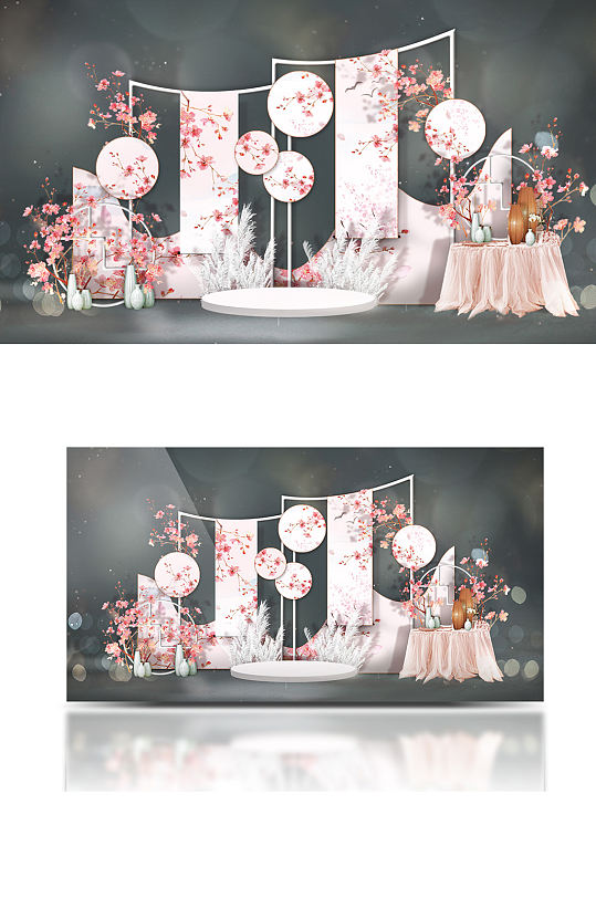 合影桃花婚礼主题效果图中式复古清新粉色-众图网