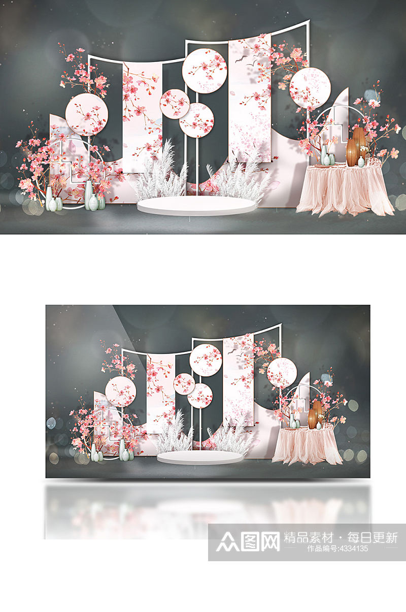 合影桃花婚礼主题效果图中式复古清新粉色素材