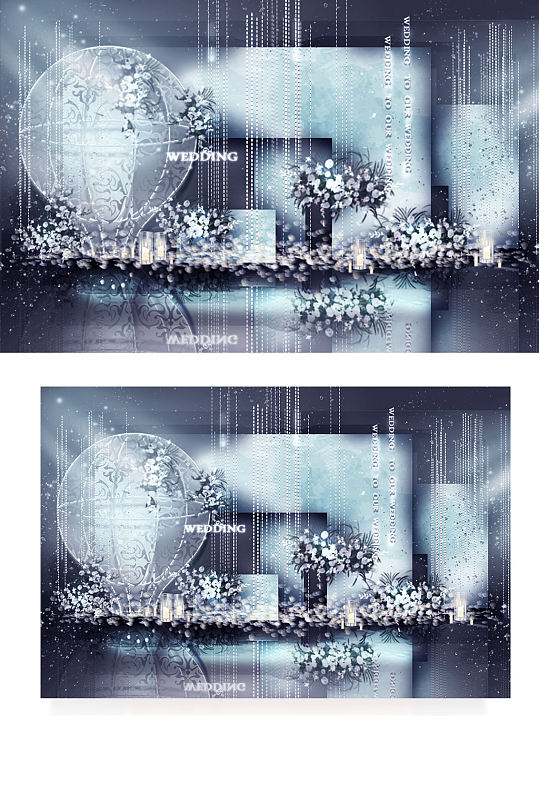 蓝色婚礼合影区效果图中式背景板迎宾-众图网