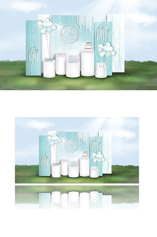 草坪婚礼甜品区蓝色梦幻合影背景板清新-众图网