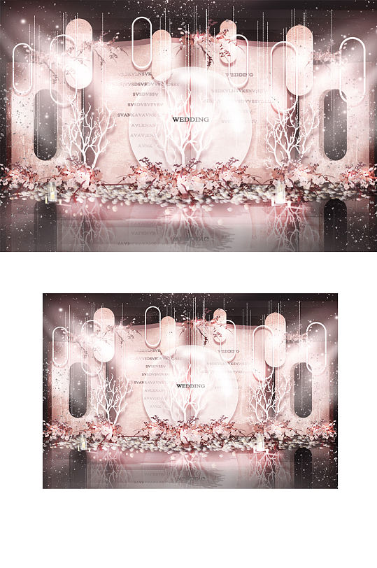 粉色婚礼合影区效果图新中式迎宾背景板-众图网