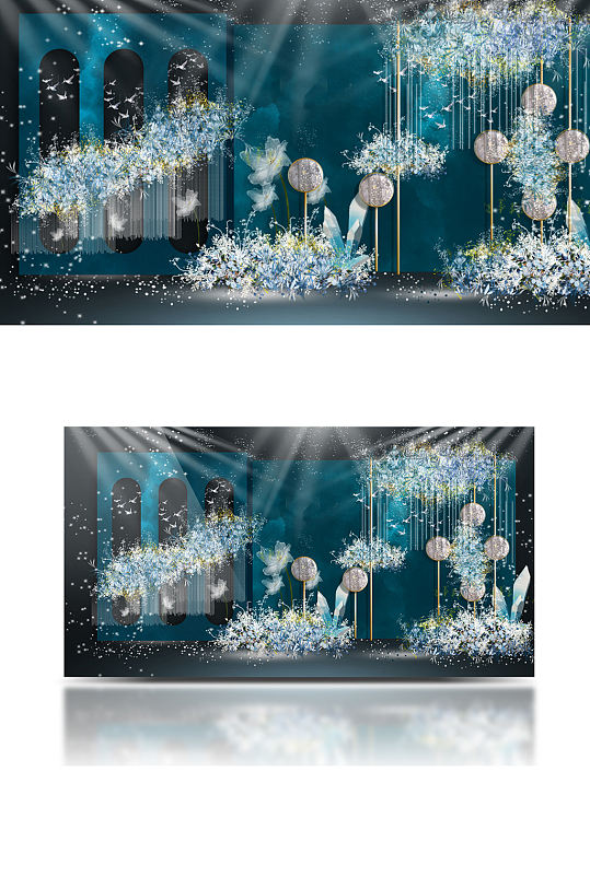 原创蓝色婚礼效果图梦幻花束背景板合影-众图网