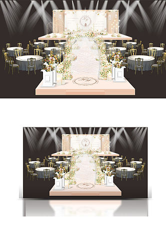 香槟色花拱门婚礼效果图唯美浪漫舞台仪式区