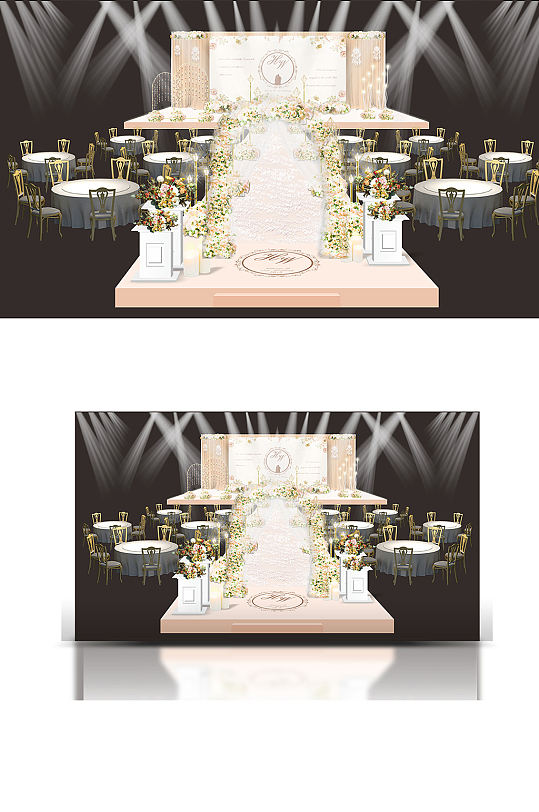 香槟色花拱门婚礼效果图唯美浪漫舞台仪式区