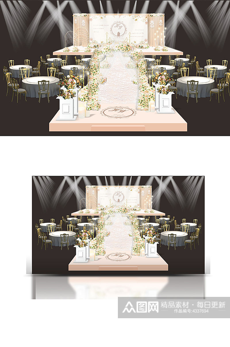 香槟色花拱门婚礼效果图唯美浪漫舞台仪式区素材
